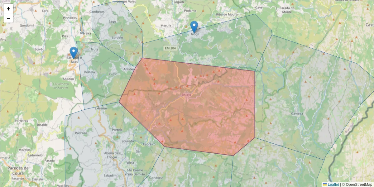 Mapa detalhado do código postal 4970-645 com limites, códigos postais vizinhos e agências dos correios