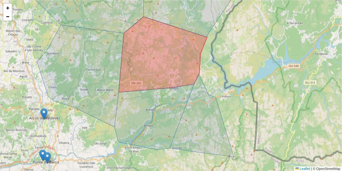 Mapa detalhado do código postal 4970-662 com limites, códigos postais vizinhos e agências dos correios