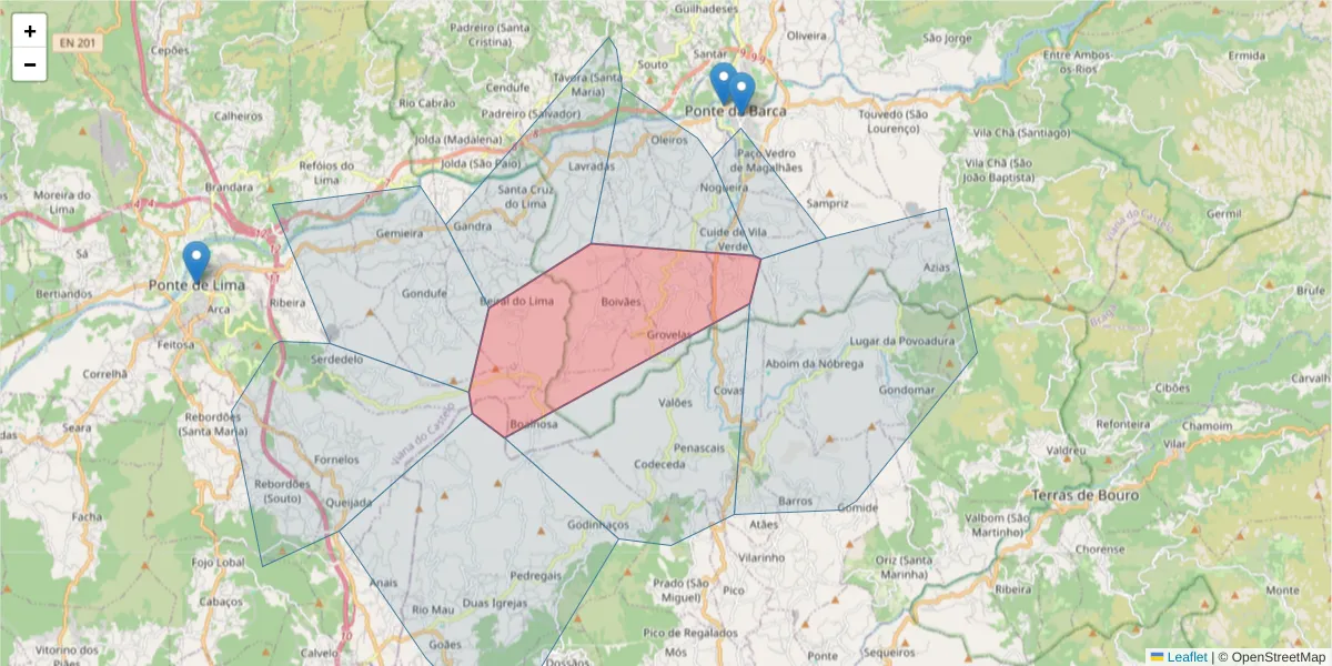 Mapa detalhado do código postal 4980-351 com limites, códigos postais vizinhos e agências dos correios
