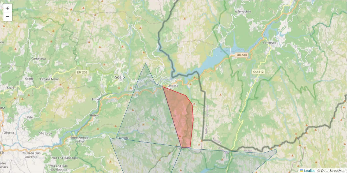 Mapa detalhado do código postal 4980-451 com limites, códigos postais vizinhos e agências dos correios