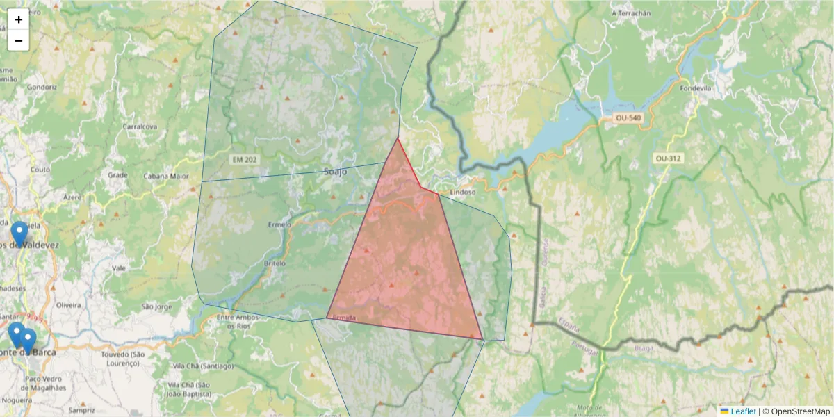 Mapa detalhado do código postal 4980-453 com limites, códigos postais vizinhos e agências dos correios