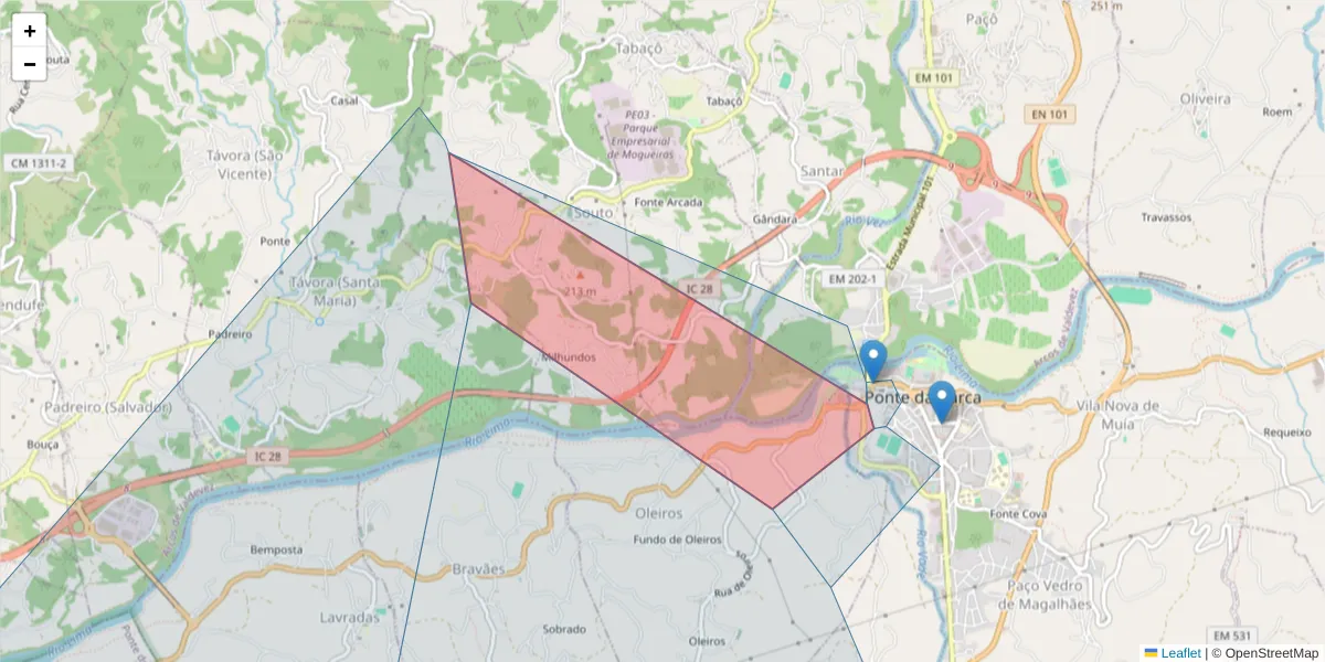Mapa detalhado do código postal 4980-602 com limites, códigos postais vizinhos e agências dos correios