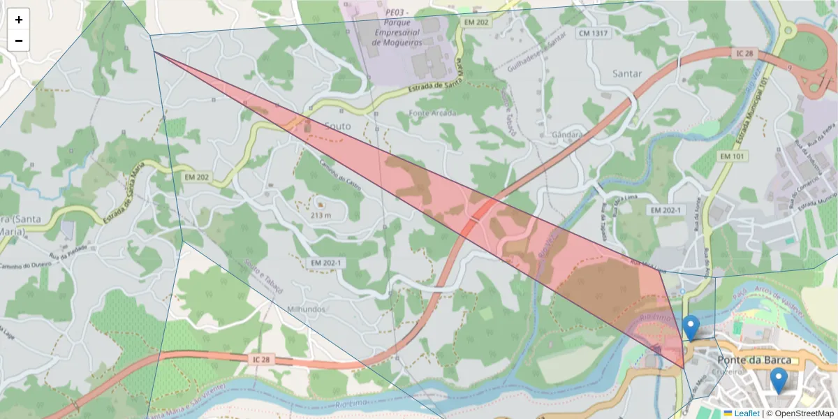 Mapa detalhado do código postal 4980-614 com limites, códigos postais vizinhos e agências dos correios