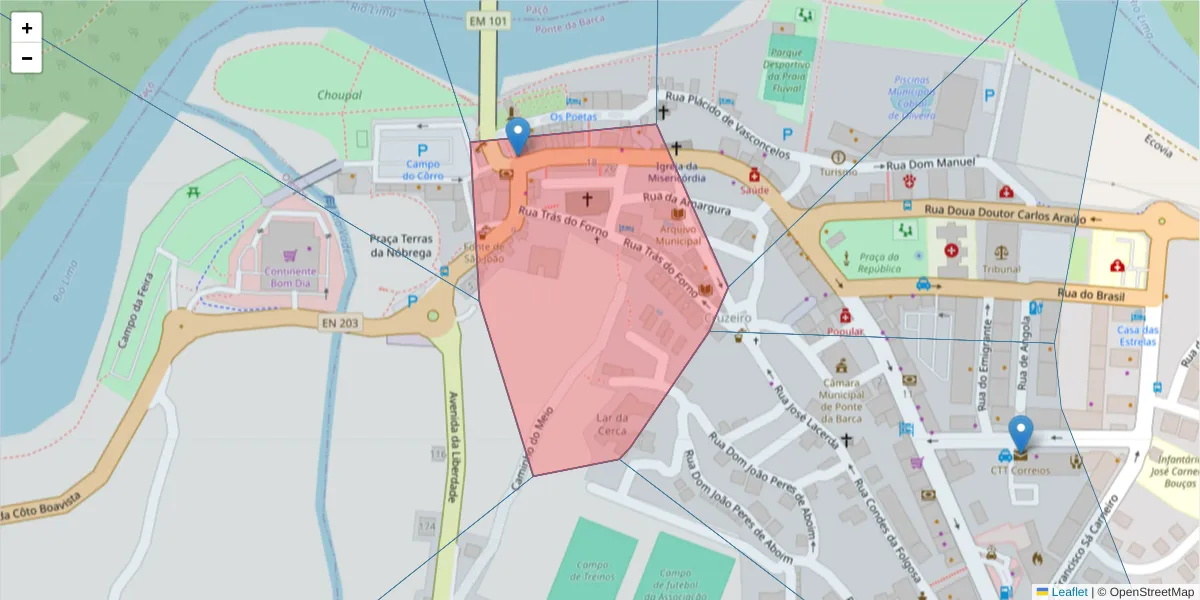 Mapa detalhado do código postal 4980-615 com limites, códigos postais vizinhos e agências dos correios