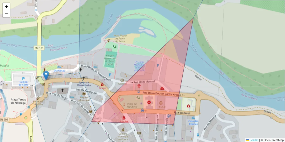 Mapa detalhado do código postal 4980-619 com limites, códigos postais vizinhos e agências dos correios