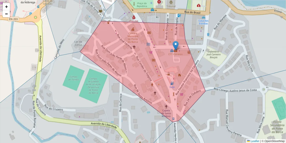 Mapa detalhado do código postal 4980-634 com limites, códigos postais vizinhos e agências dos correios