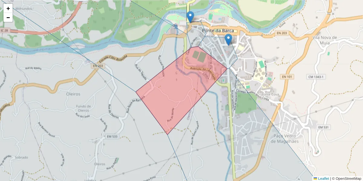 Mapa detalhado do código postal 4980-643 com limites, códigos postais vizinhos e agências dos correios