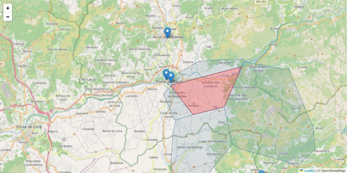 Mapa detalhado do código postal 4980 com limites, códigos postais vizinhos e agências dos correios