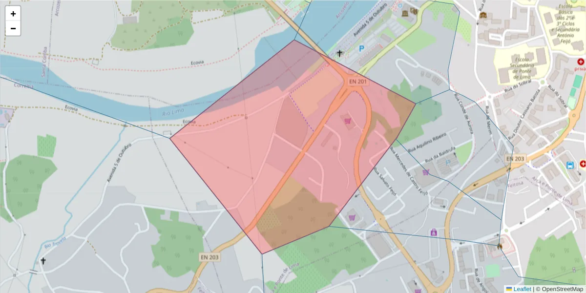 Mapa detalhado do código postal 4990-011 com limites, códigos postais vizinhos e agências dos correios