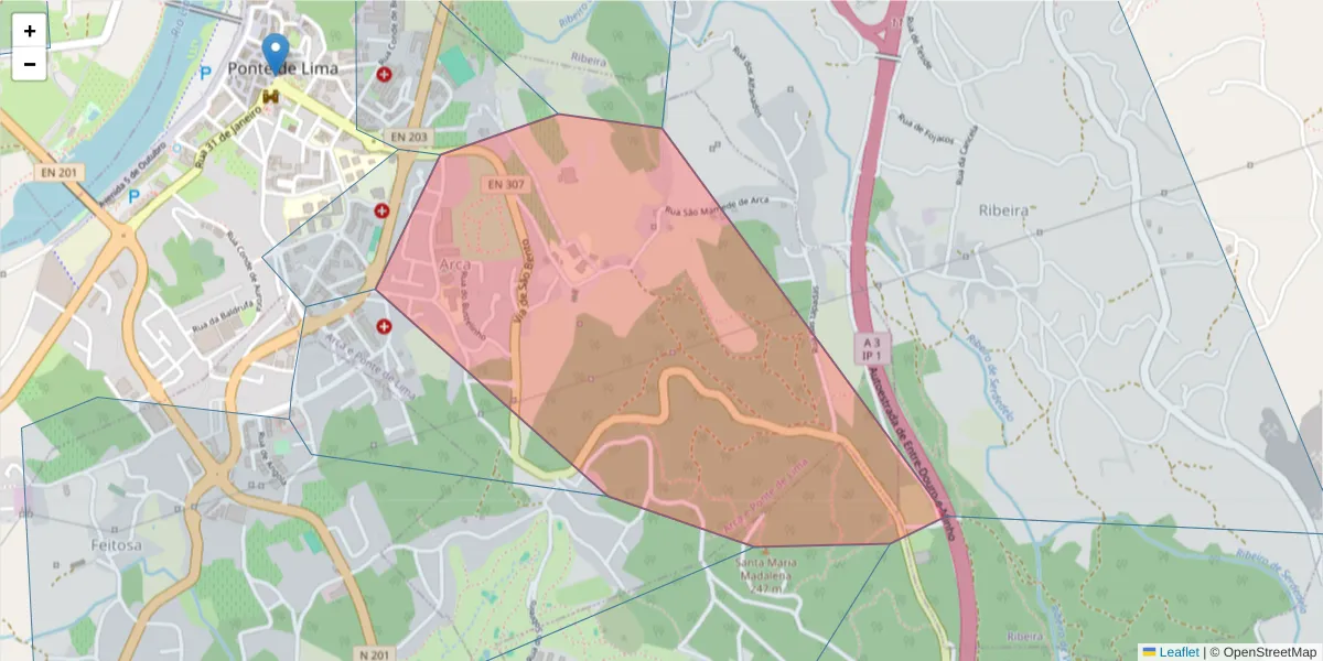 Mapa detalhado do código postal 4990-024 com limites, códigos postais vizinhos e agências dos correios