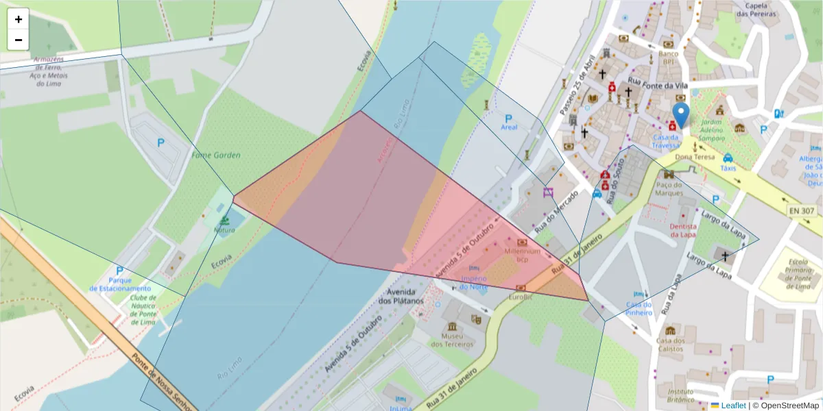 Mapa detalhado do código postal 4990-030 com limites, códigos postais vizinhos e agências dos correios