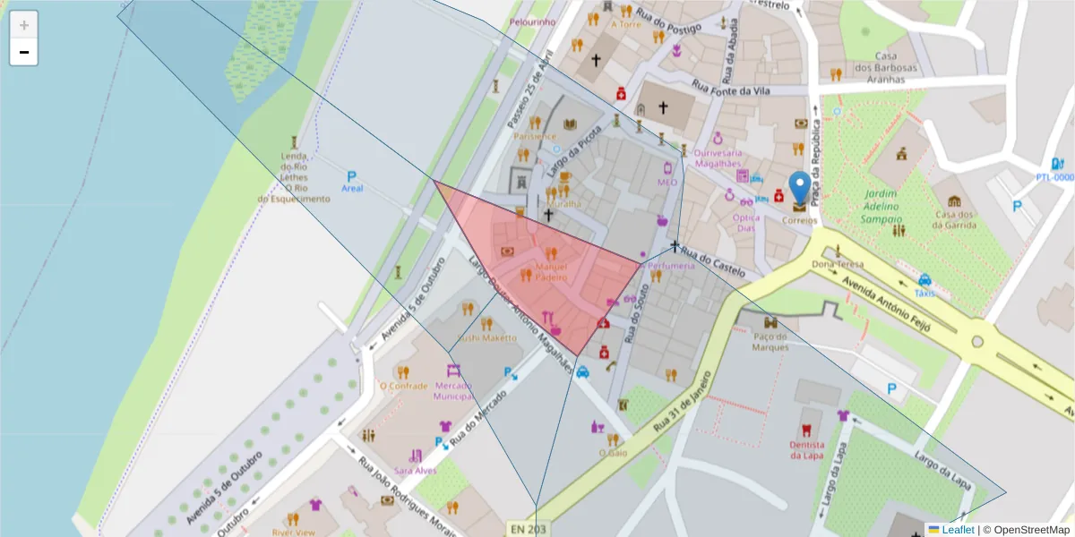 Mapa detalhado do código postal 4990-056 com limites, códigos postais vizinhos e agências dos correios