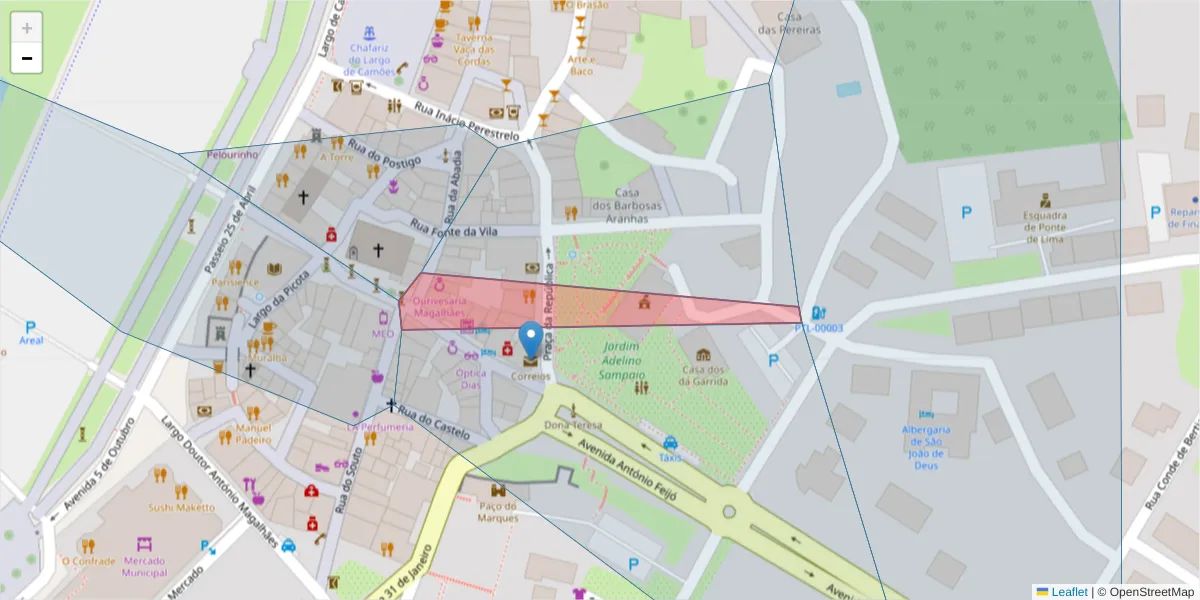 Mapa detalhado do código postal 4990-062 com limites, códigos postais vizinhos e agências dos correios