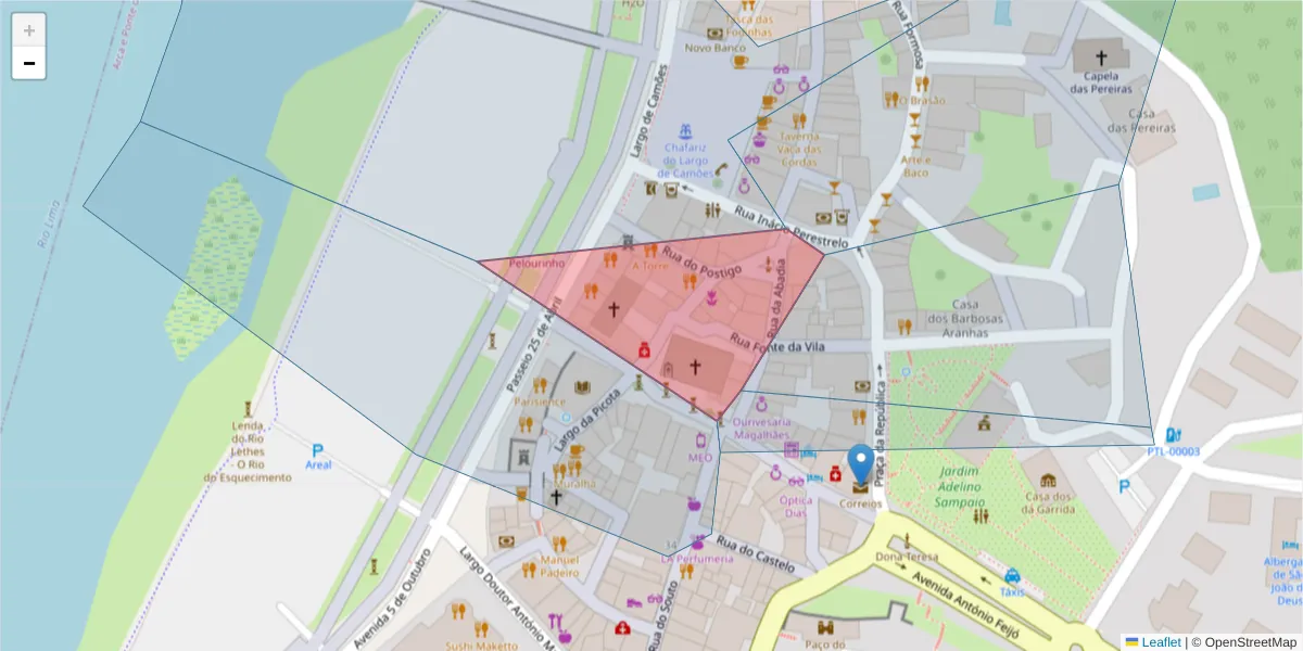 Mapa detalhado do código postal 4990-089 com limites, códigos postais vizinhos e agências dos correios