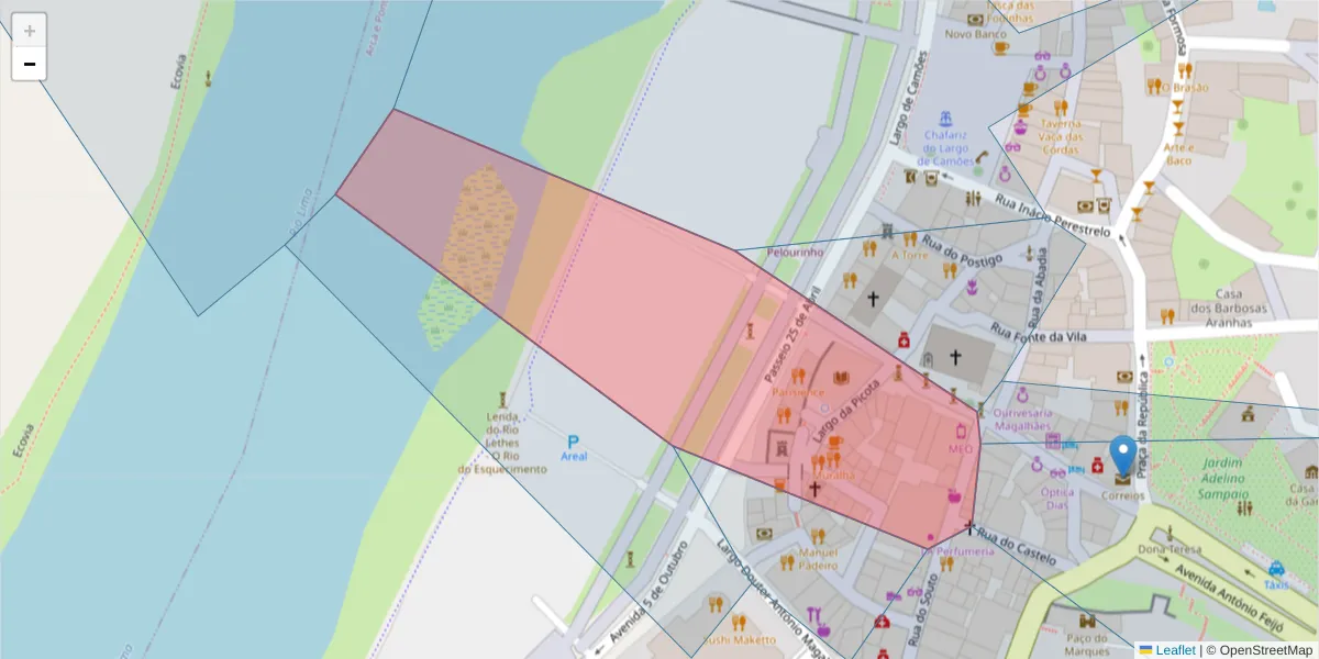 Mapa detalhado do código postal 4990-090 com limites, códigos postais vizinhos e agências dos correios
