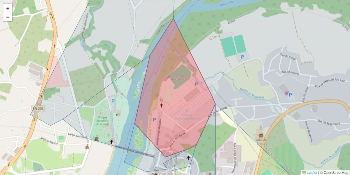 Mapa detalhado do código postal 4990-104 com limites, códigos postais vizinhos e agências dos correios
