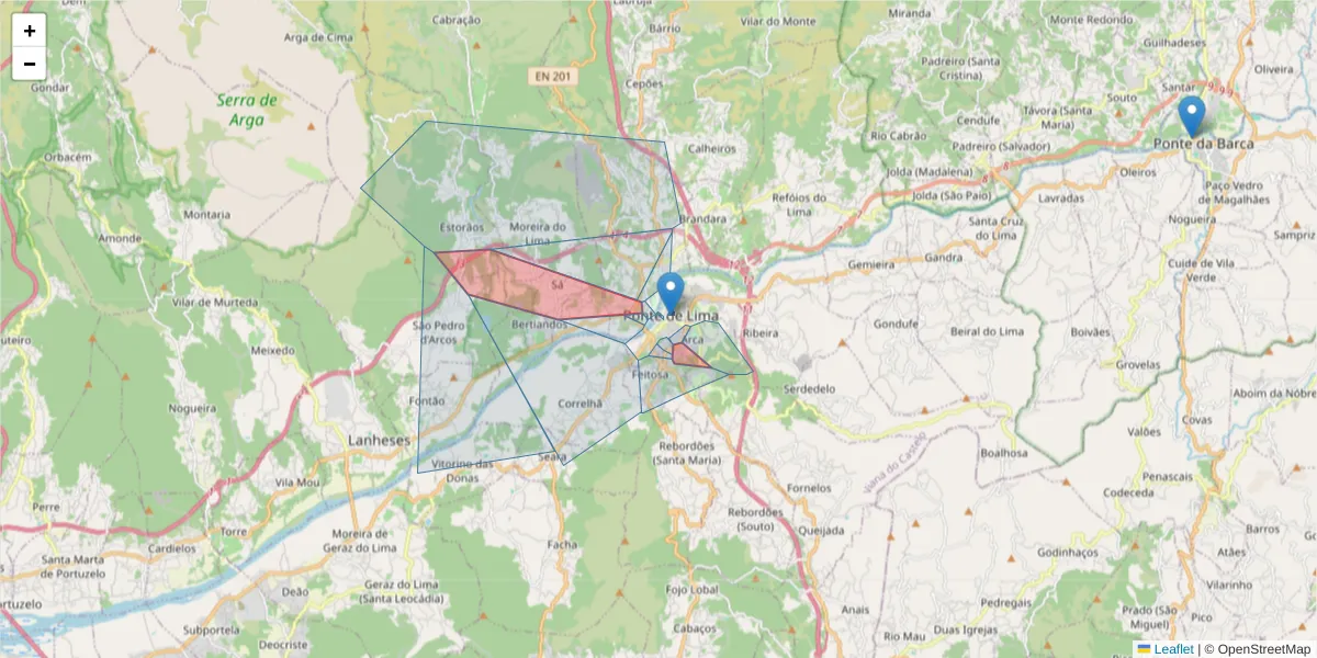 Mapa detalhado do código postal 4990-150 com limites, códigos postais vizinhos e agências dos correios
