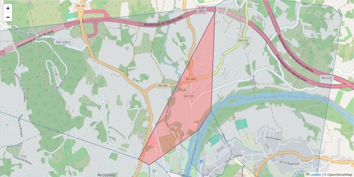 Mapa detalhado do código postal 4990-171 com limites, códigos postais vizinhos e agências dos correios