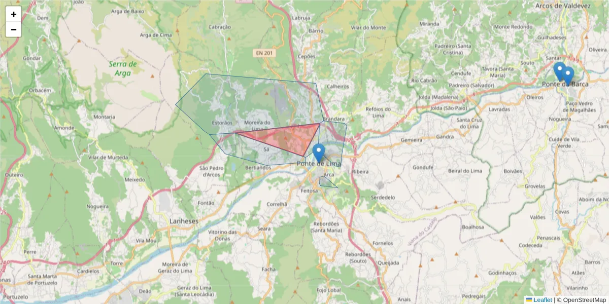 Mapa detalhado do código postal 4990-231 com limites, códigos postais vizinhos e agências dos correios