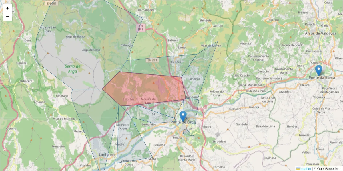 Mapa detalhado do código postal 4990-250 com limites, códigos postais vizinhos e agências dos correios