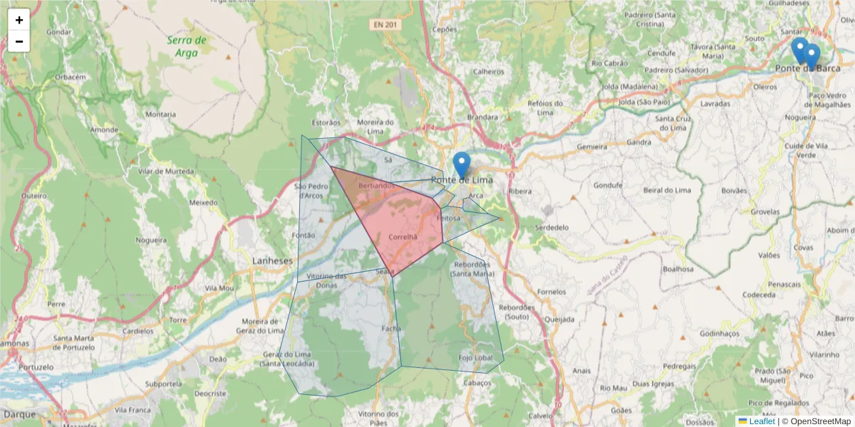 Mapa detalhado do código postal 4990-289 Ponte de Lima com limites, códigos postais vizinhos e agências dos correios