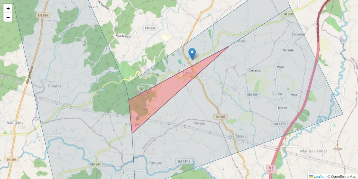 Mapa detalhado do código postal 4990-444 com limites, códigos postais vizinhos e agências dos correios
