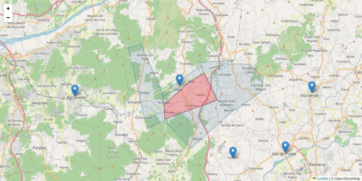 Mapa detalhado do código postal 4990-453 com limites, códigos postais vizinhos e agências dos correios