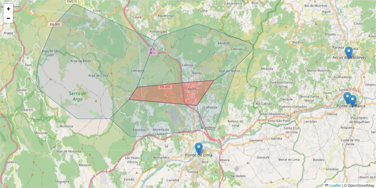 Mapa detalhado do código postal 4990-585 com limites, códigos postais vizinhos e agências dos correios