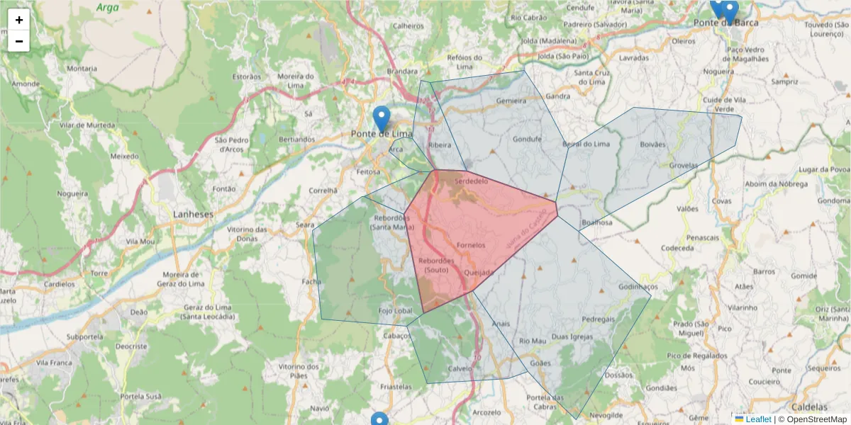 Mapa detalhado do código postal 4990-620 com limites, códigos postais vizinhos e agências dos correios