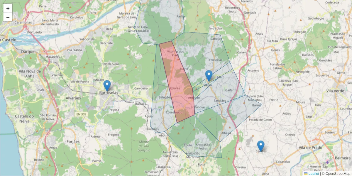 Mapa detalhado do código postal 4990-680 com limites, códigos postais vizinhos e agências dos correios