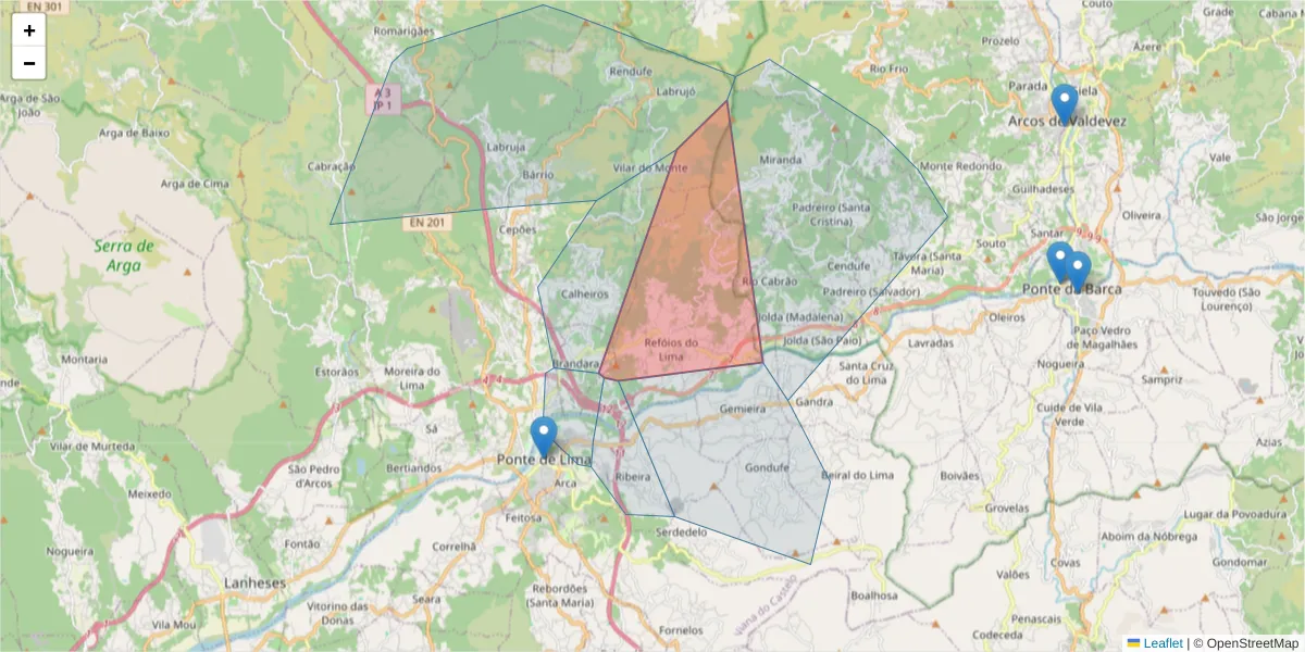 Mapa detalhado do código postal 4990-701 com limites, códigos postais vizinhos e agências dos correios
