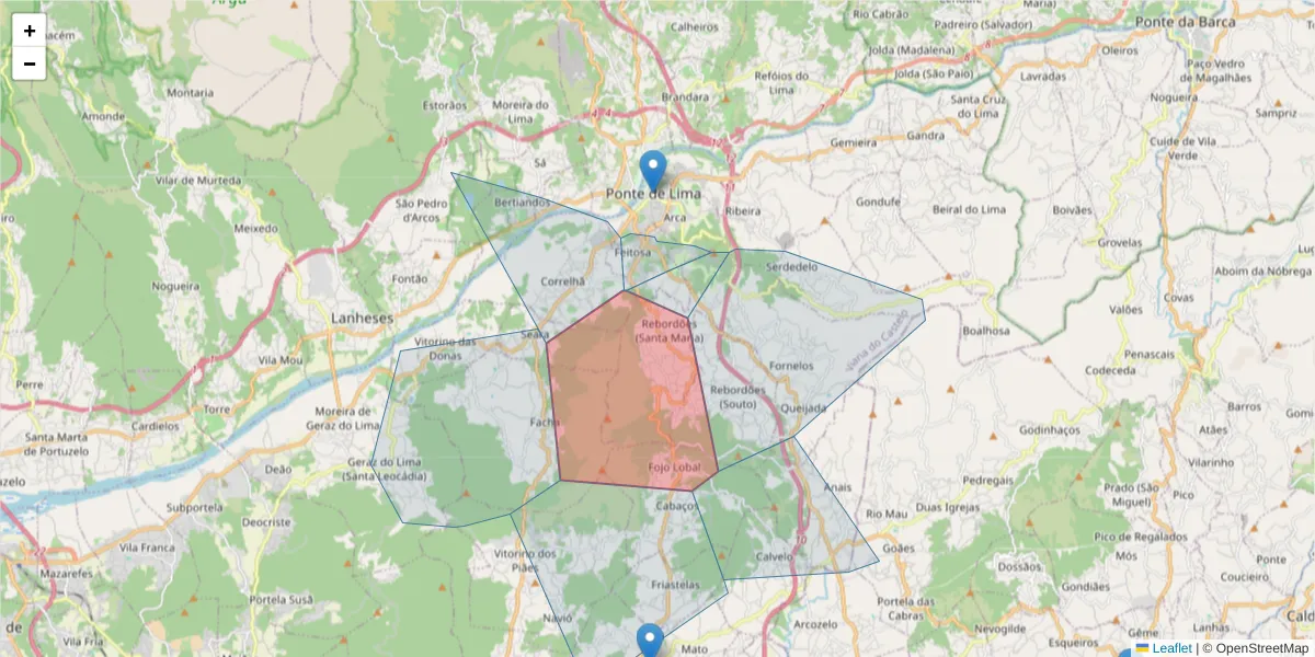 Mapa detalhado do código postal 4990-705 com limites, códigos postais vizinhos e agências dos correios