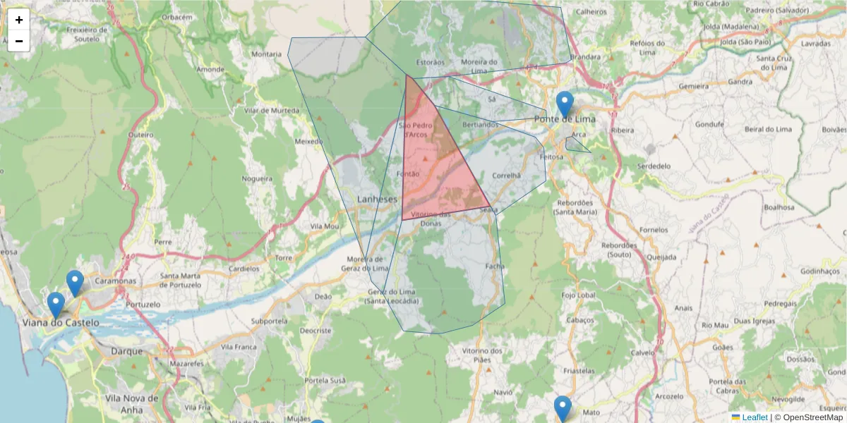 Mapa detalhado do código postal 4990-801 com limites, códigos postais vizinhos e agências dos correios