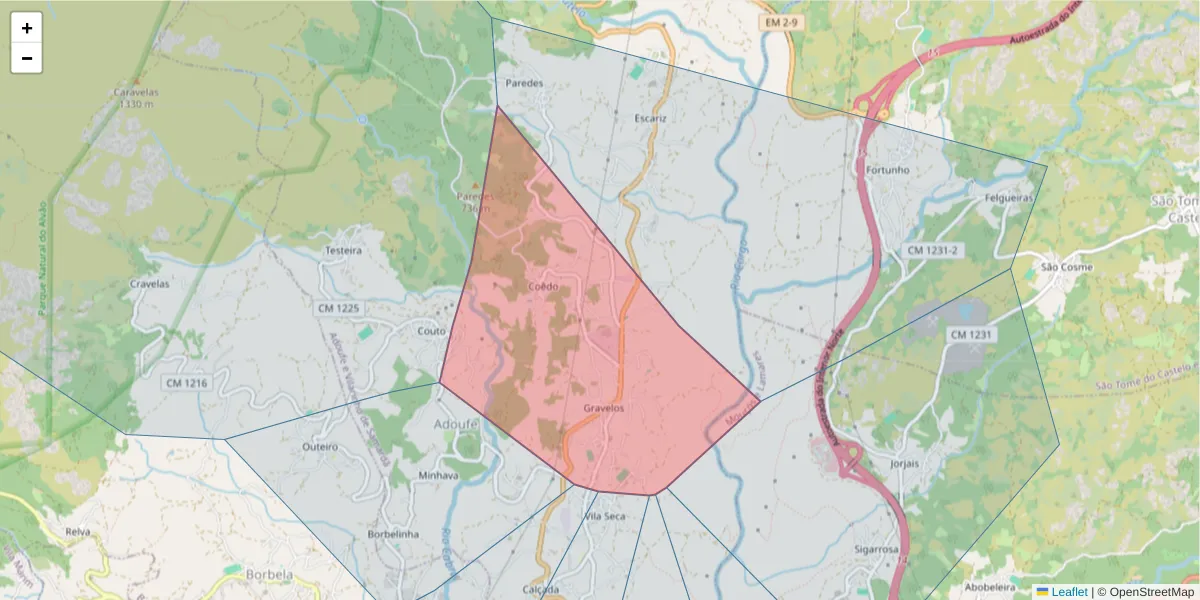Mapa detalhado do código postal 5000-023 com limites, códigos postais vizinhos e agências dos correios