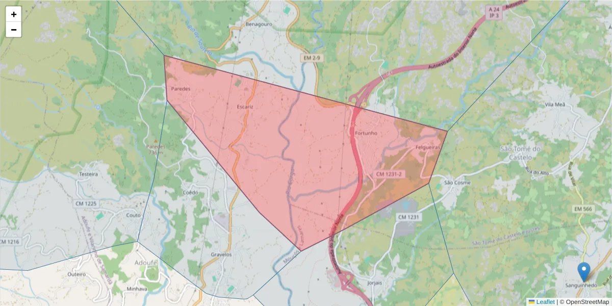 Mapa detalhado do código postal 5000-024 com limites, códigos postais vizinhos e agências dos correios