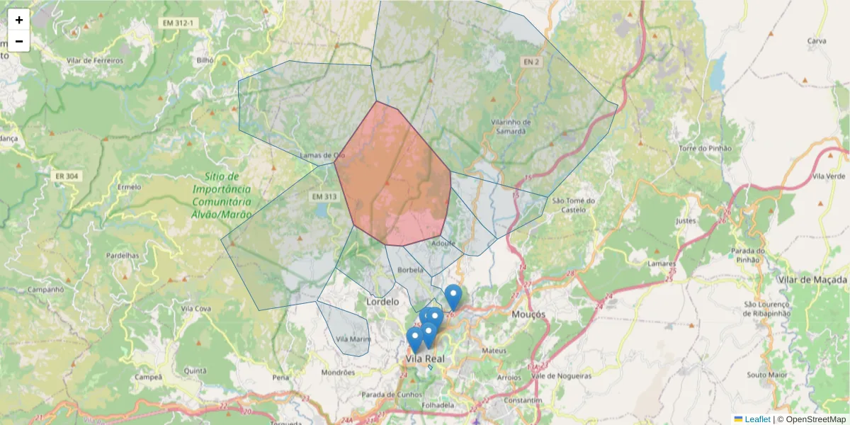 Mapa detalhado do código postal 5000-028 com limites, códigos postais vizinhos e agências dos correios