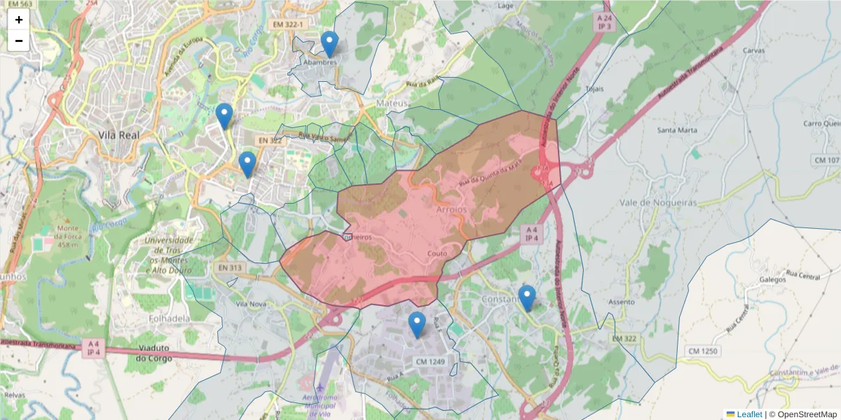 Mapa detalhado do código postal 5000-051 com limites, códigos postais vizinhos e agências dos correios