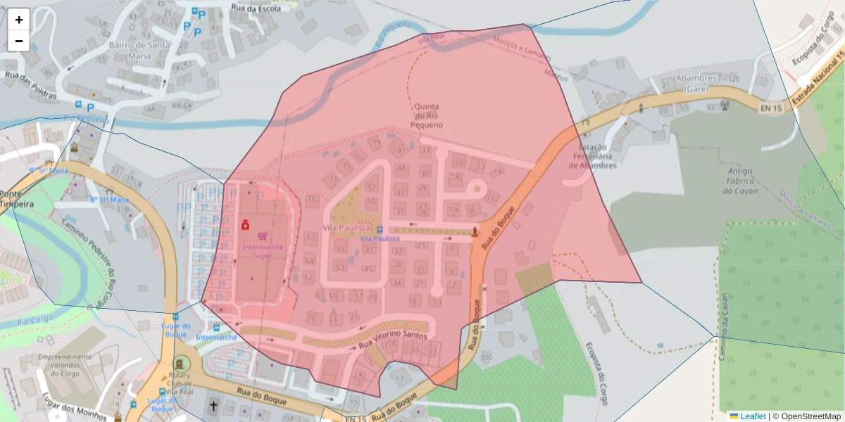 Mapa detalhado do código postal 5000-053 com limites, códigos postais vizinhos e agências dos correios