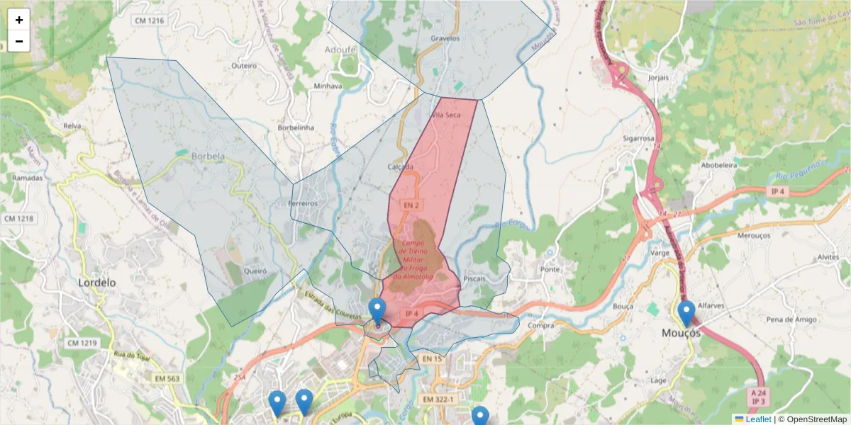 Mapa detalhado do código postal 5000-061 com limites, códigos postais vizinhos e agências dos correios