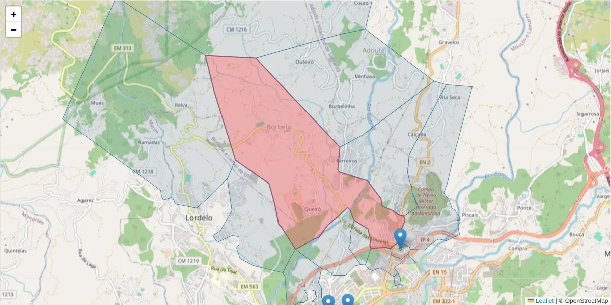 Mapa detalhado do código postal 5000-063 com limites, códigos postais vizinhos e agências dos correios
