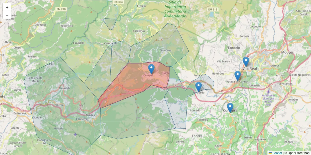 Mapa detalhado do código postal 5000-071 com limites, códigos postais vizinhos e agências dos correios