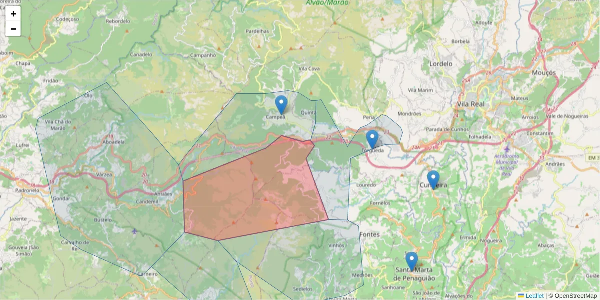 Mapa detalhado do código postal 5000-072 com limites, códigos postais vizinhos e agências dos correios