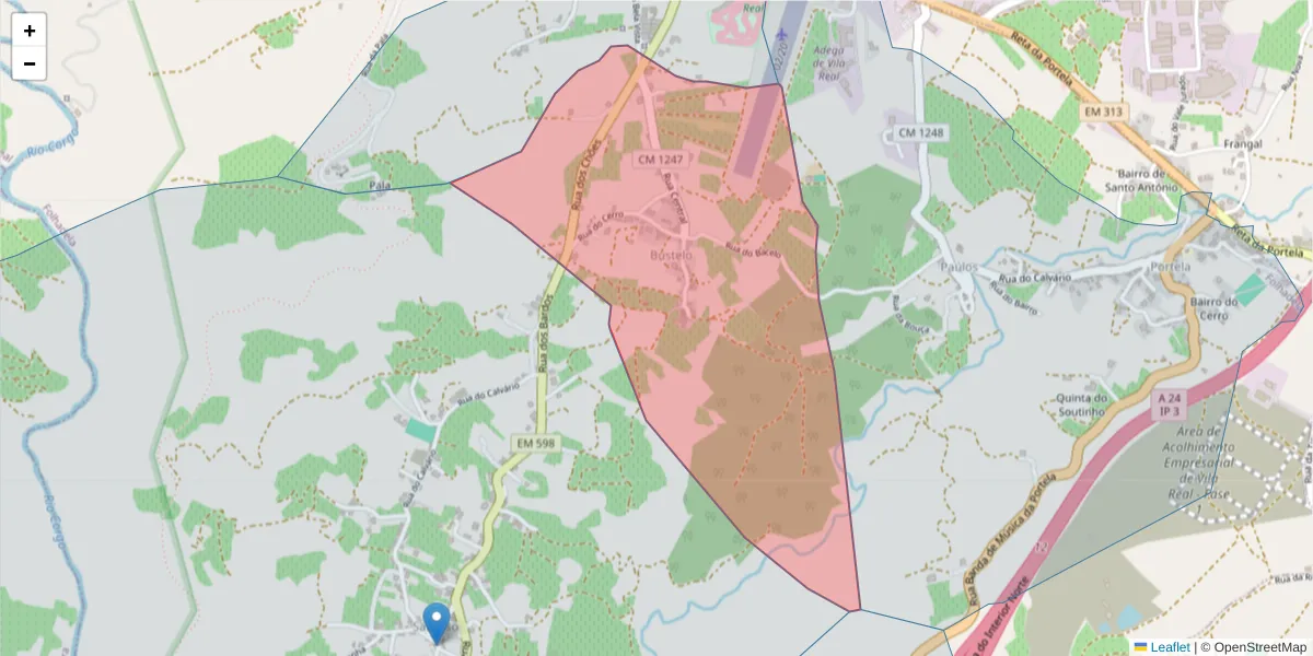 Mapa detalhado do código postal 5000-102 com limites, códigos postais vizinhos e agências dos correios