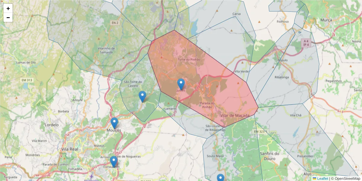 Mapa detalhado do código postal 5000-121 com limites, códigos postais vizinhos e agências dos correios
