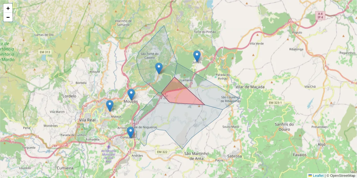 Mapa detalhado do código postal 5000-131 com limites, códigos postais vizinhos e agências dos correios