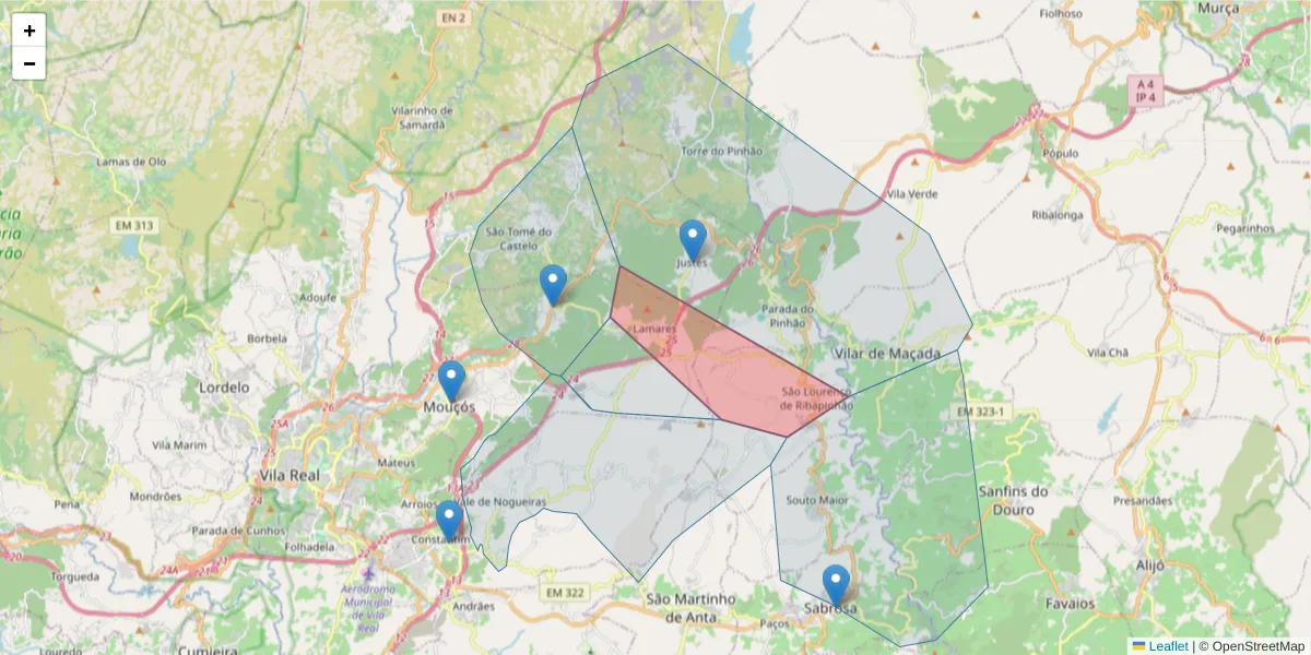 Mapa detalhado do código postal 5000-132 com limites, códigos postais vizinhos e agências dos correios