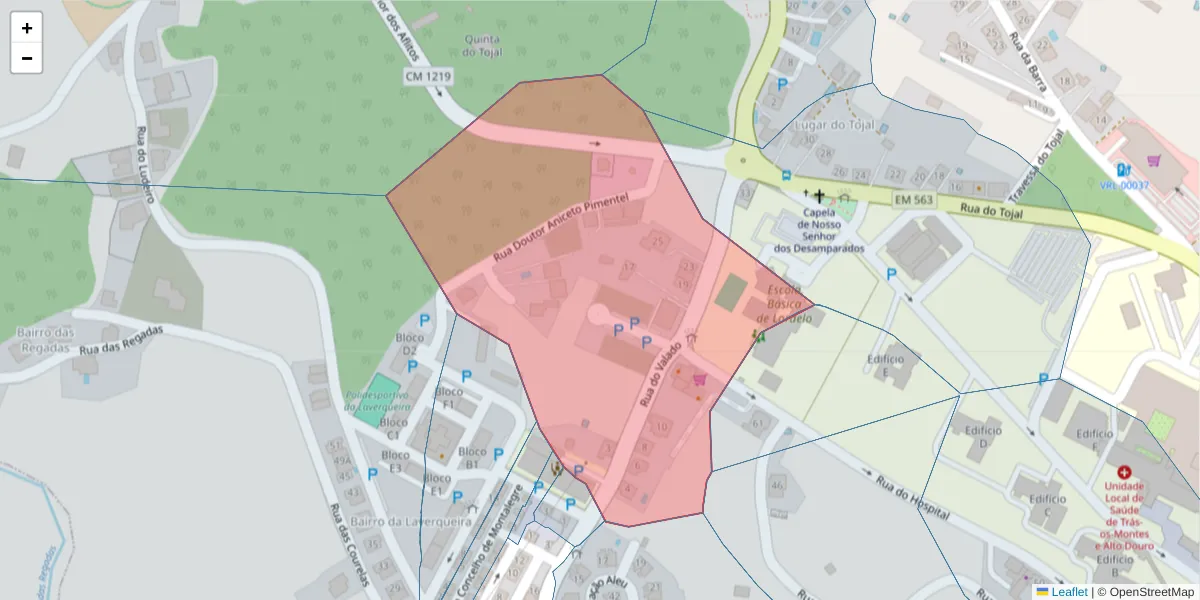 Mapa detalhado do código postal 5000-173 com limites, códigos postais vizinhos e agências dos correios