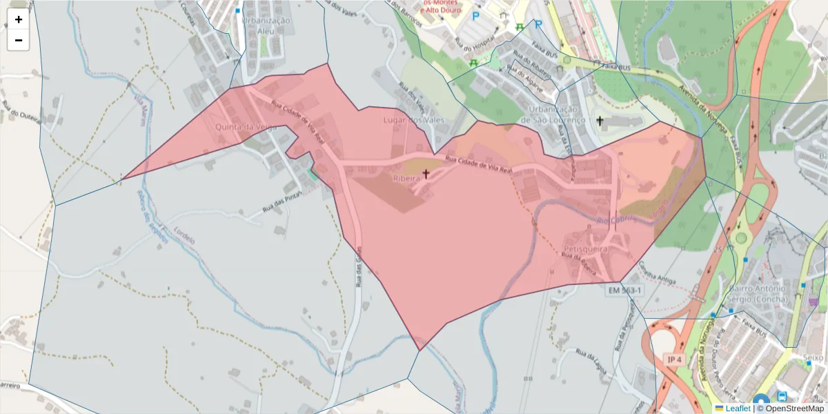Mapa detalhado do código postal 5000-174 com limites, códigos postais vizinhos e agências dos correios