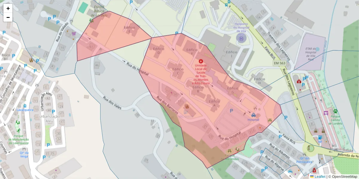 Mapa detalhado do código postal 5000-175 com limites, códigos postais vizinhos e agências dos correios
