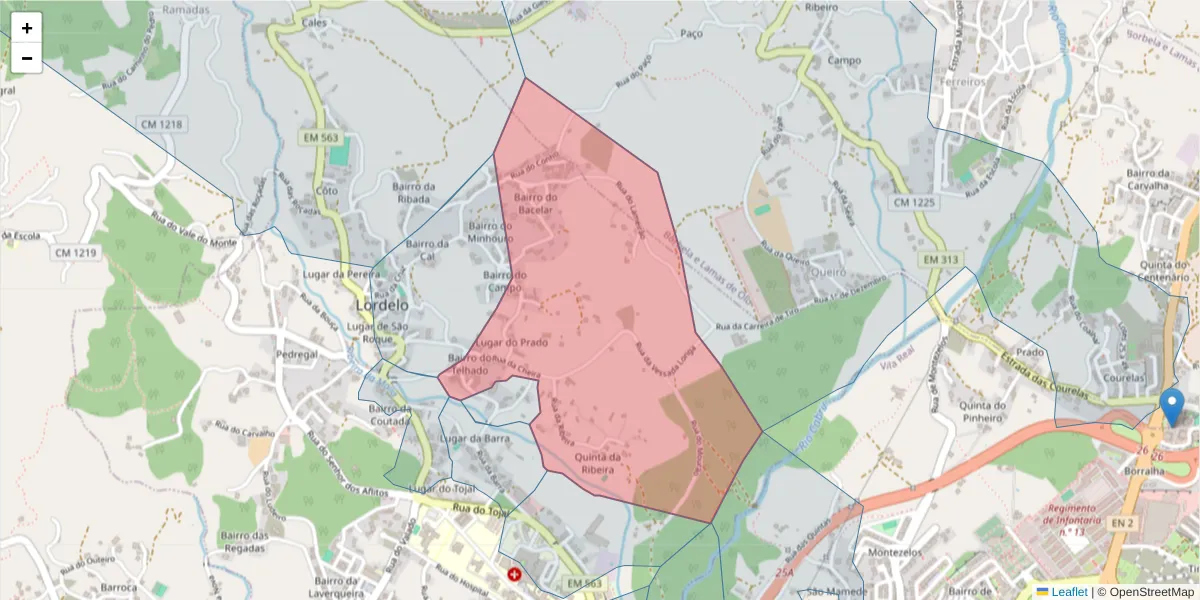 Mapa detalhado do código postal 5000-215 com limites, códigos postais vizinhos e agências dos correios